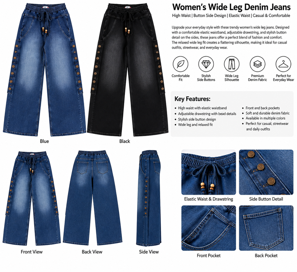 Women’s Wide Leg Denim Jeans – High Waist Elastic Drawstring Pants with Side Button Detail