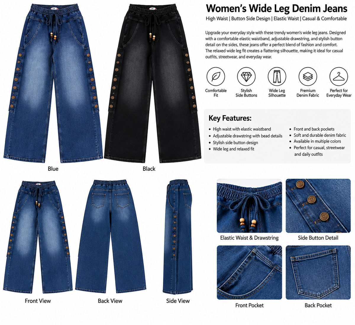 Women’s Wide Leg Denim Jeans – High Waist Elastic Drawstring Pants with Side Button Detail