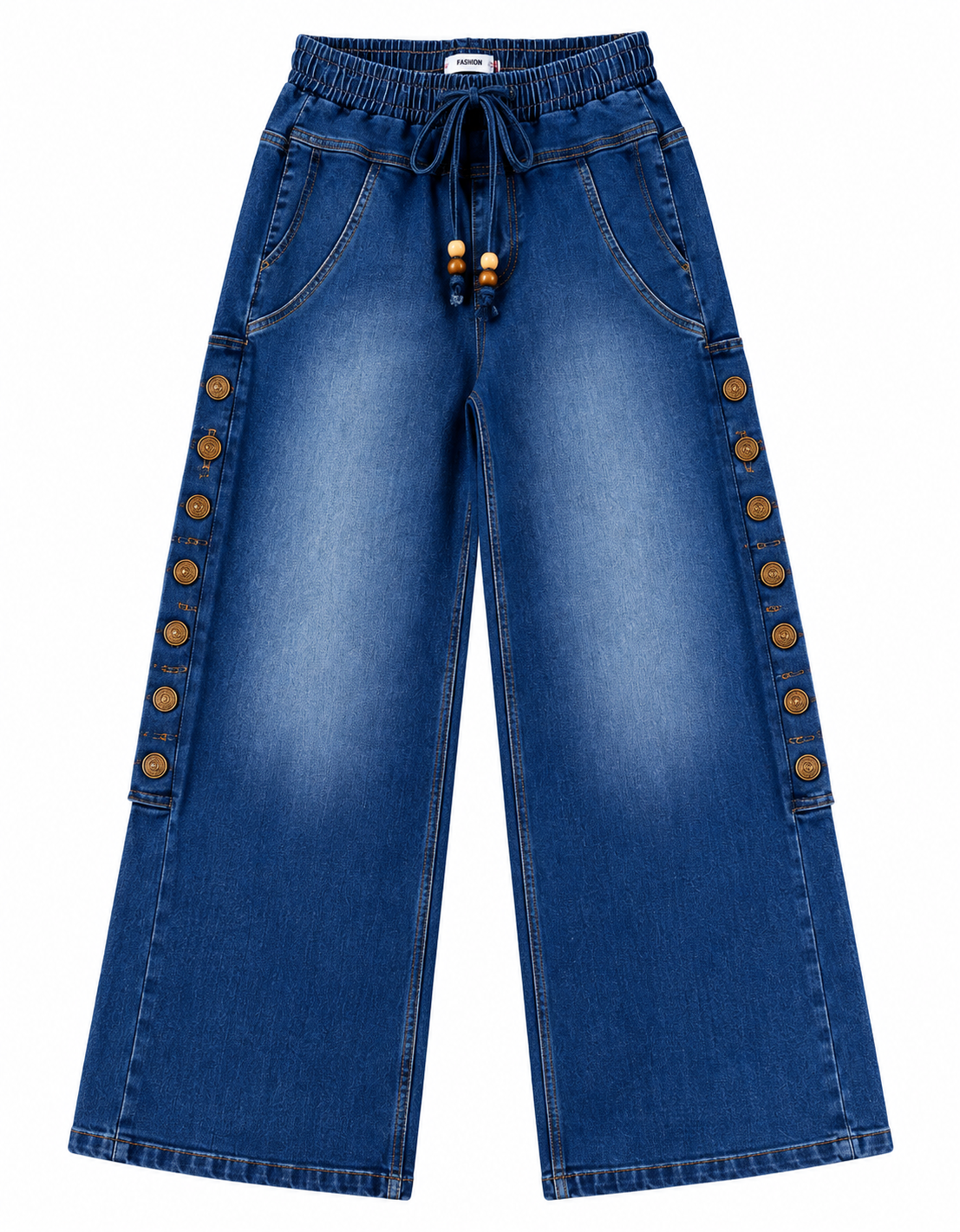 Women’s Wide Leg Denim Jeans – High Waist Elastic Drawstring Pants with Side Button Detail