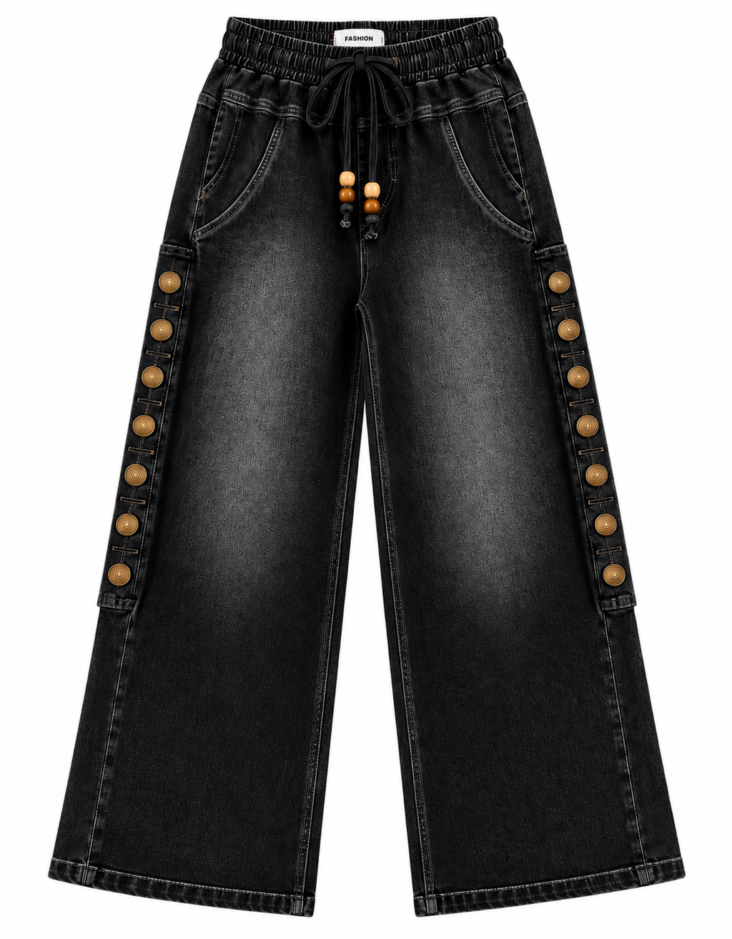 Women’s Wide Leg Denim Jeans – High Waist Elastic Drawstring Pants with Side Button Detail