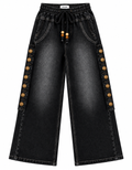 Women’s Wide Leg Denim Jeans – High Waist Elastic Drawstring Pants with Side Button Detail
