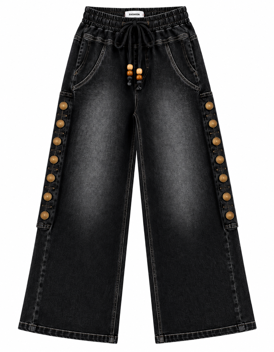 Women’s Wide Leg Denim Jeans – High Waist Elastic Drawstring Pants with Side Button Detail