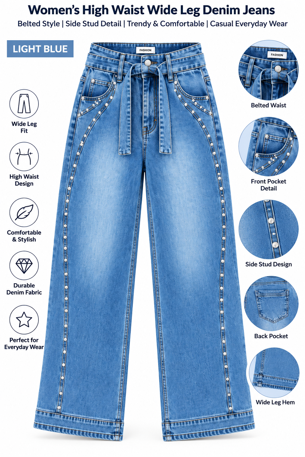 Women’s High Waist Wide Leg Jeans – Belted Denim Pants with Side Stud Detail