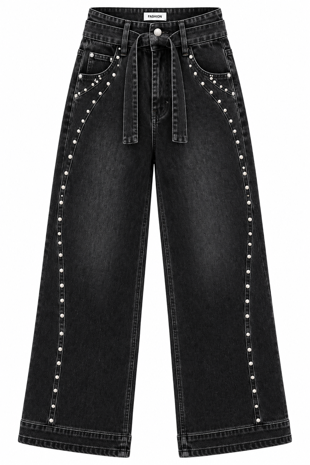 Women’s High Waist Wide Leg Jeans – Belted Denim Pants with Side Stud Detail