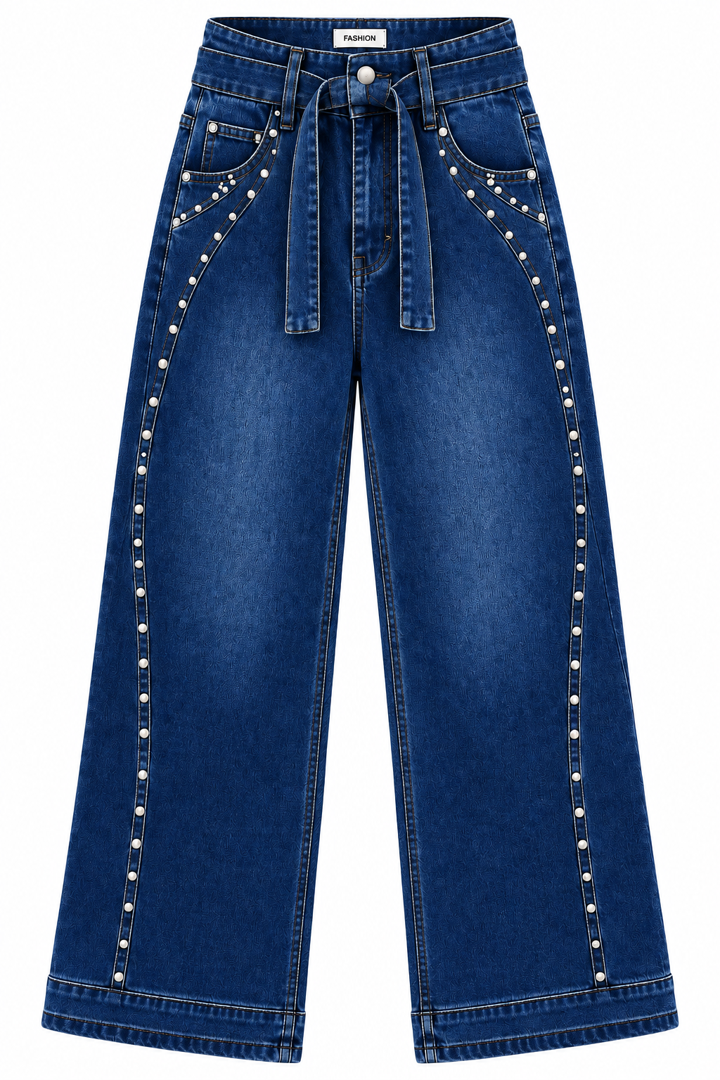 Women’s High Waist Wide Leg Jeans – Belted Denim Pants with Side Stud Detail