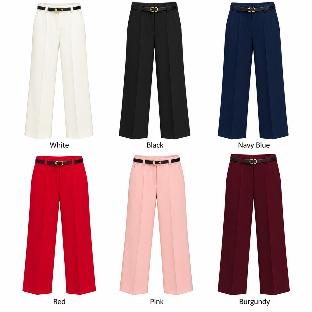 Women’s High Waist Tailored Dress Pants with Belt – Straight Leg Trousers