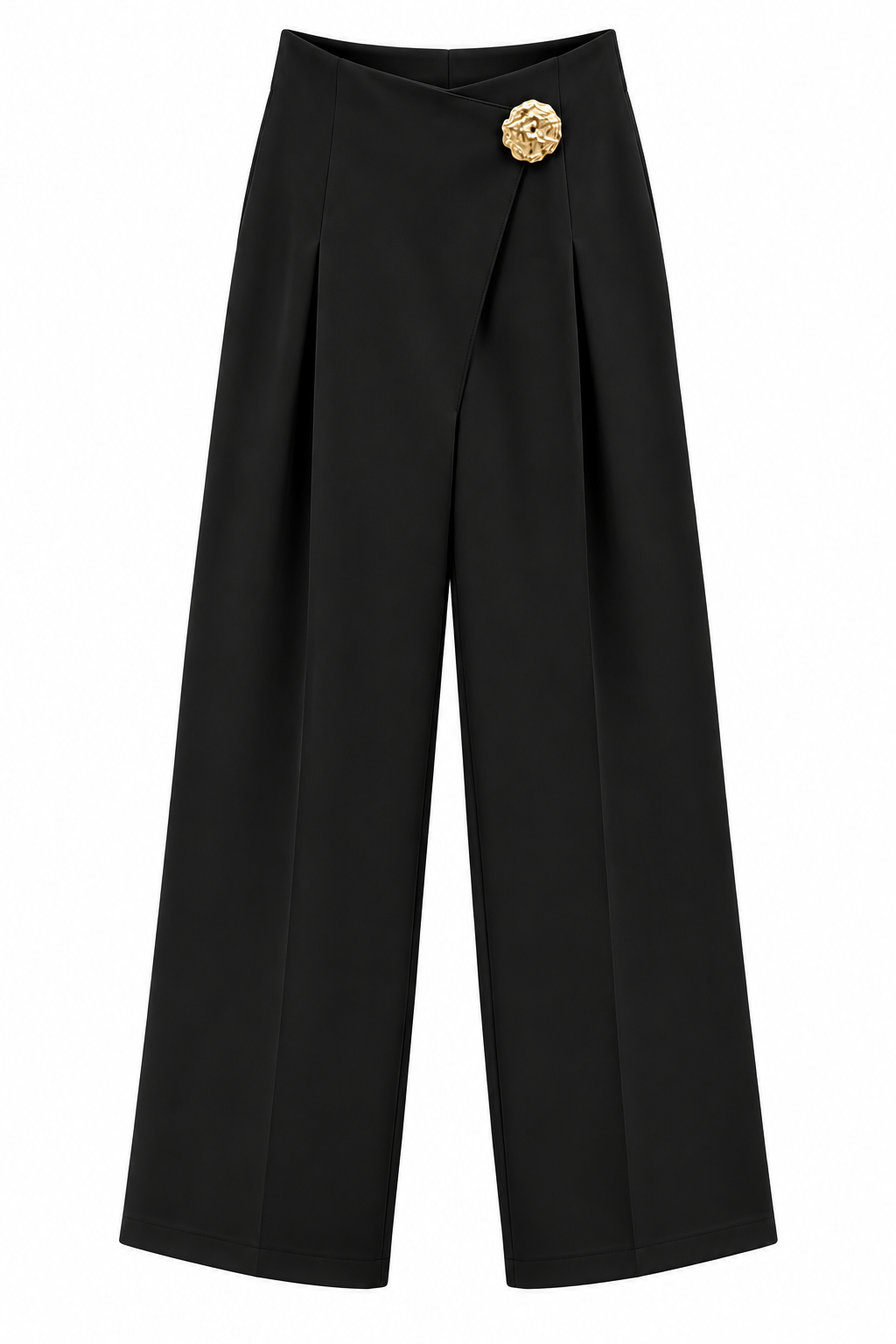 Elegant Front-Overlap Wide-Leg Trousers with Gold Accent Button