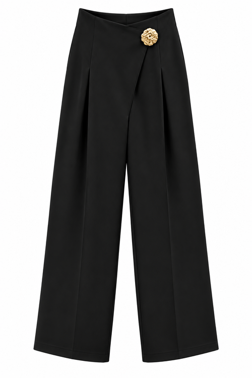 Elegant Front-Overlap Wide-Leg Trousers with Gold Accent Button