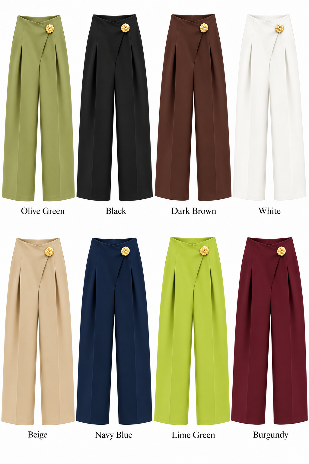Elegant Front-Overlap Wide-Leg Trousers with Gold Accent Button