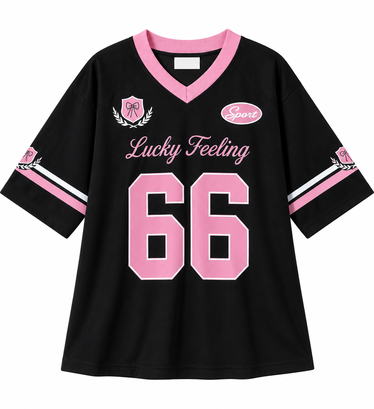 Women’s Black V-Neck Sports Jersey – Lucky Feeling 66 Graphic Top