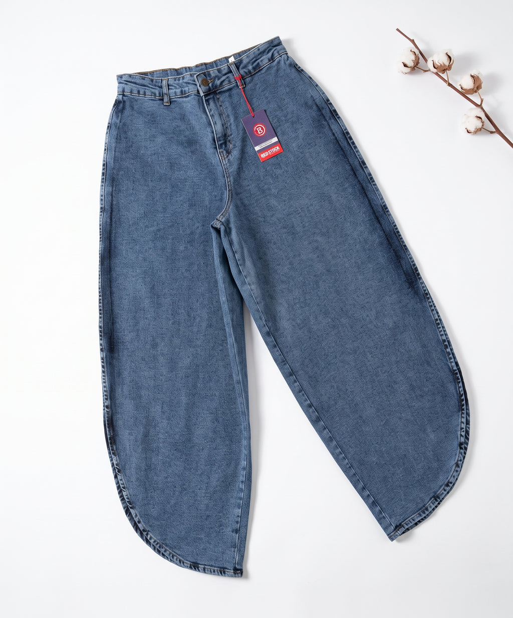 Women’s High-Waisted Wide-Leg Horseshoe Jeans – Vintage Blue Denim Curved Leg Pants