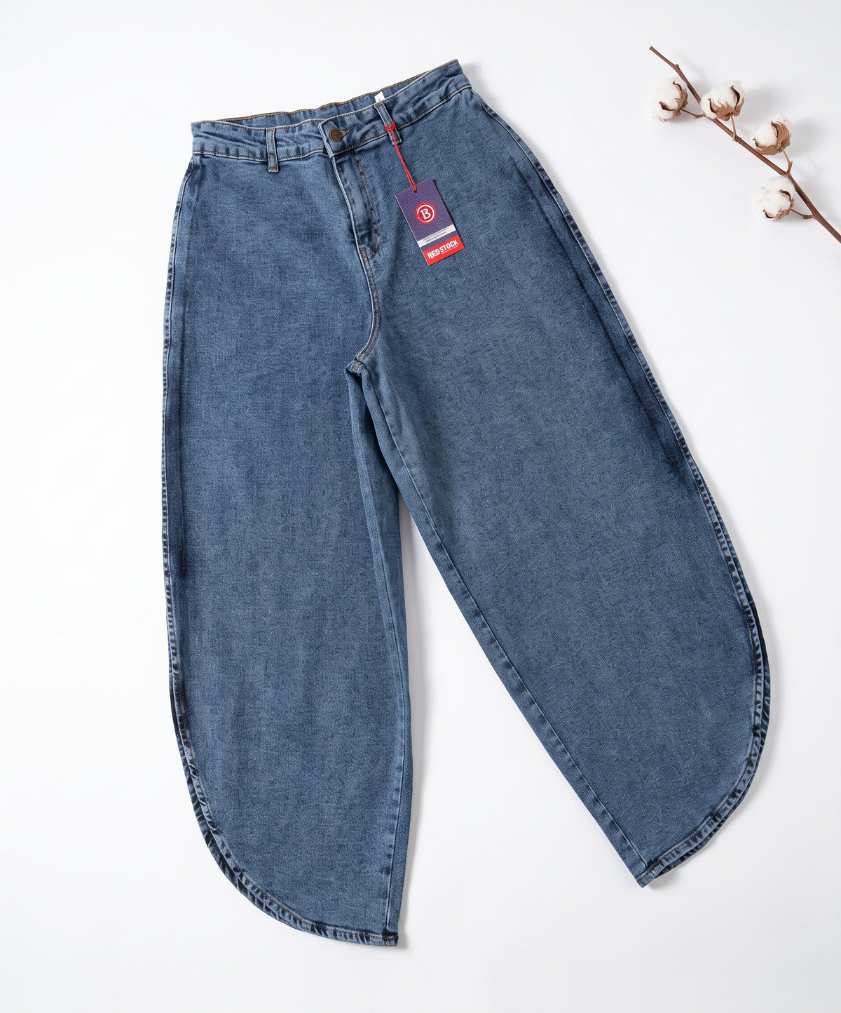 Women’s High-Waisted Wide-Leg Horseshoe Jeans – Vintage Blue Denim Curved Leg Pants