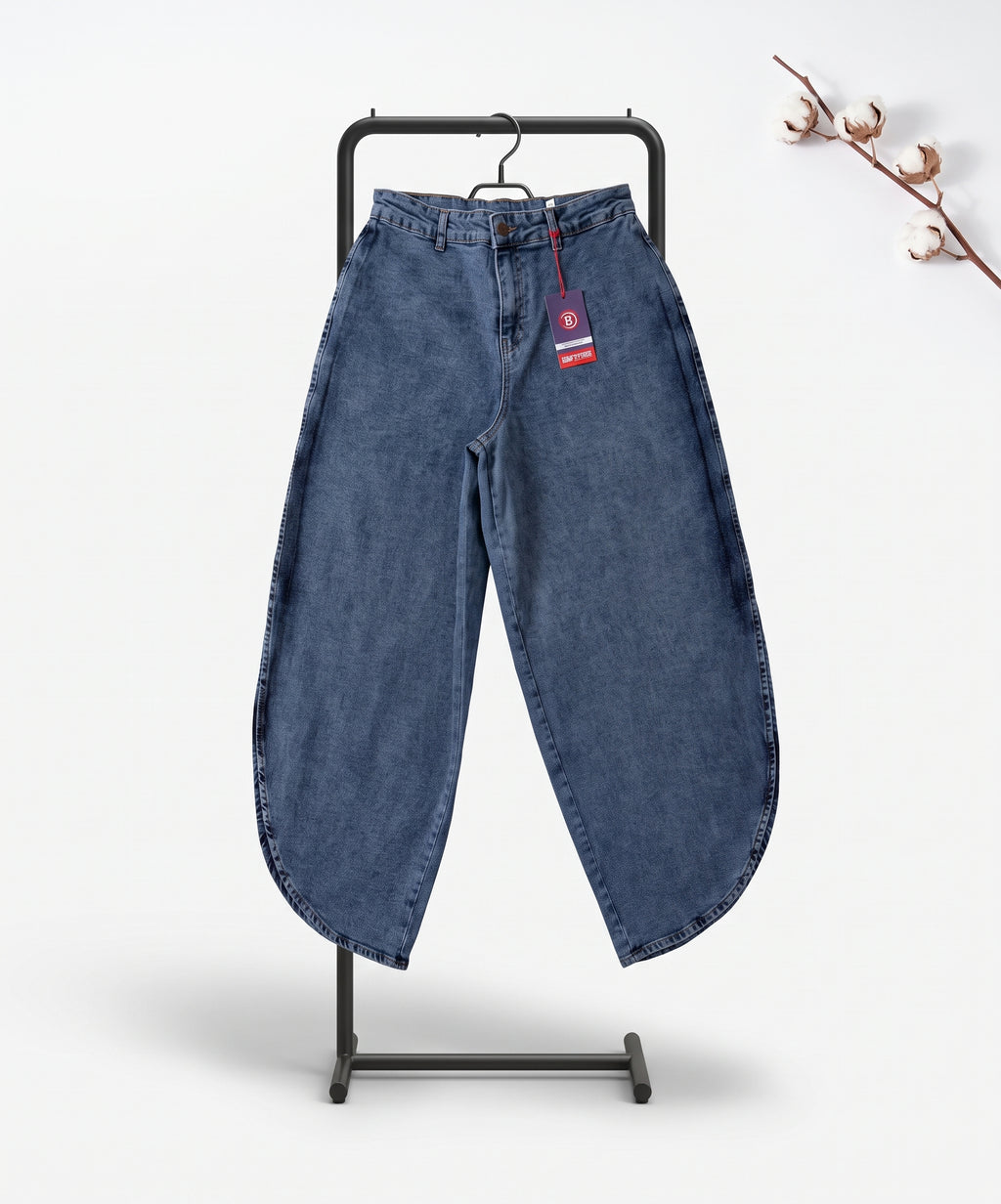 Women’s High-Waisted Wide-Leg Horseshoe Jeans – Vintage Blue Denim Curved Leg Pants