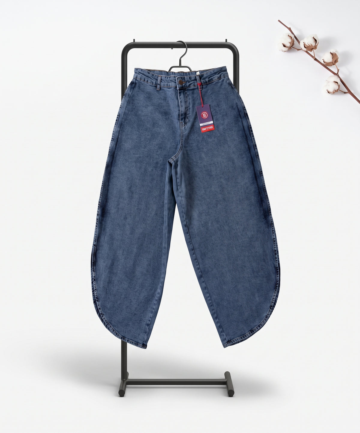 Women’s High-Waisted Wide-Leg Horseshoe Jeans – Vintage Blue Denim Curved Leg Pants