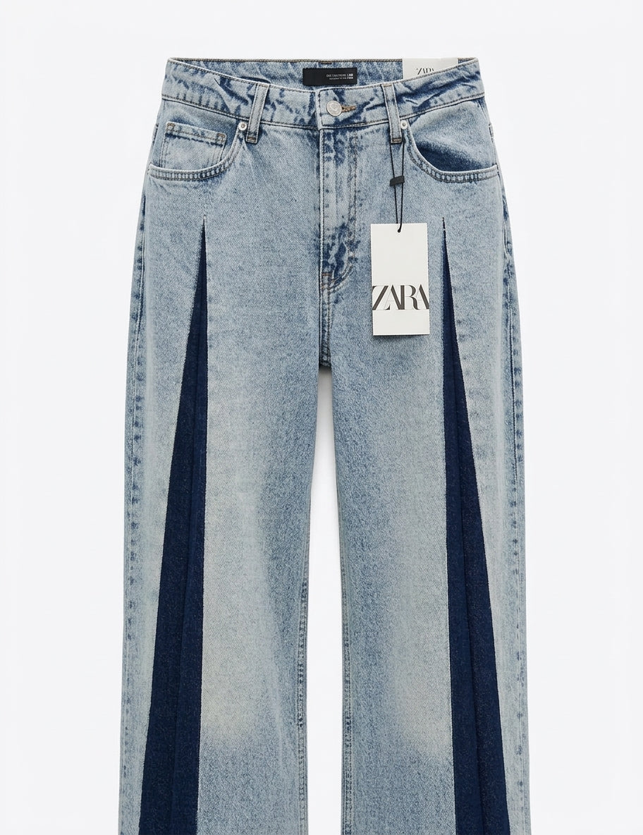 Women's Contrast Two-Tone Panel Wide-Leg Jeans | High-Waisted Denim