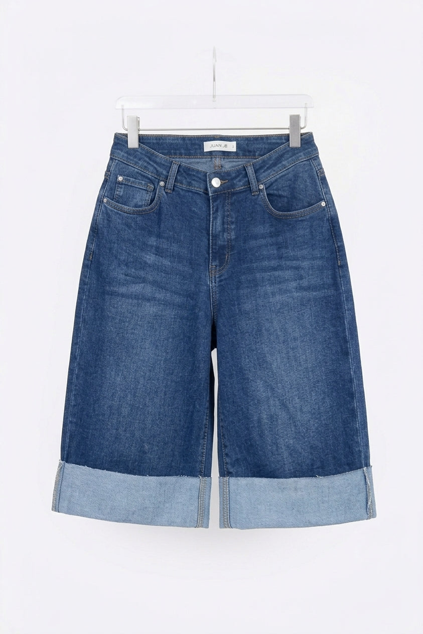 Women’s High-Waisted Wide-Leg Denim Bermuda Shorts | Cuffed Jorts