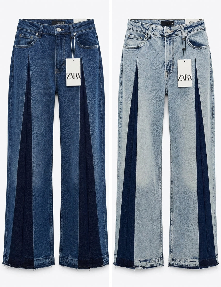 Women's Contrast Two-Tone Panel Wide-Leg Jeans | High-Waisted Denim