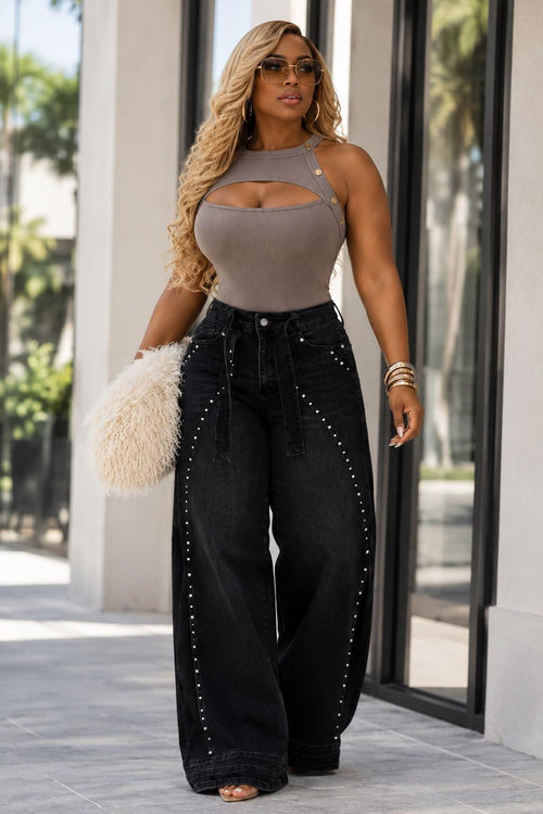 Women’s High Waist Wide Leg Jeans – Belted Denim Pants with Side Stud Detail