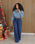 Women’s High Waist Wide Leg Jeans – Belted Denim Pants with Side Stud Detail