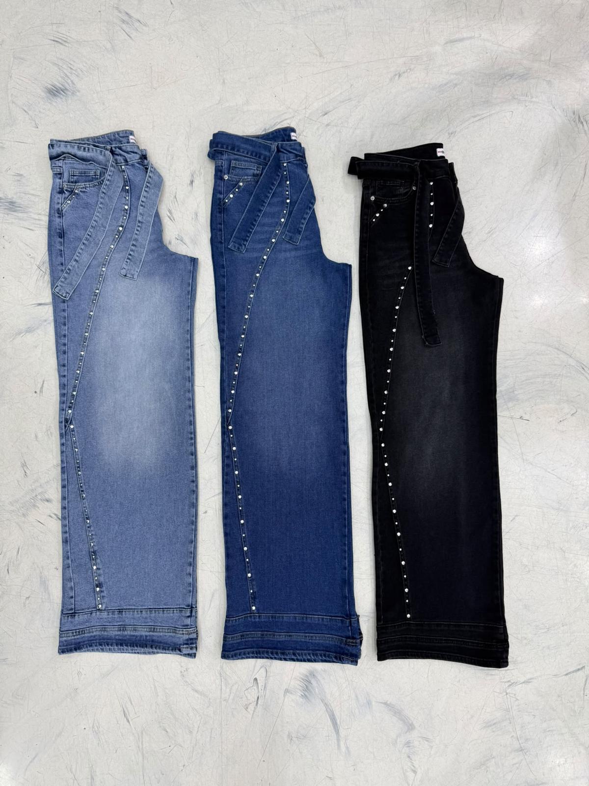 Women’s High Waist Wide Leg Jeans – Belted Denim Pants with Side Stud Detail