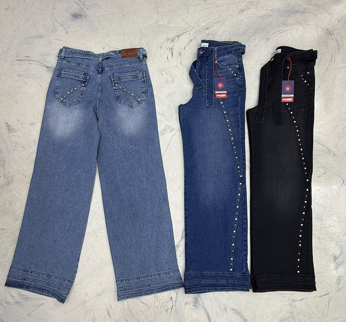 Women’s High Waist Wide Leg Jeans – Belted Denim Pants with Side Stud Detail