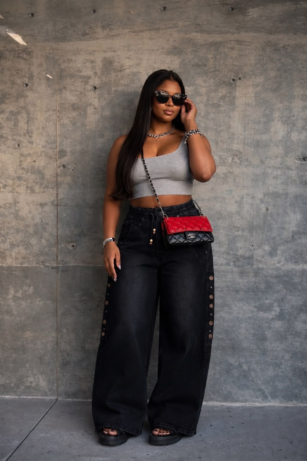 Women’s Wide Leg Denim Jeans – High Waist Elastic Drawstring Pants with Side Button Detail