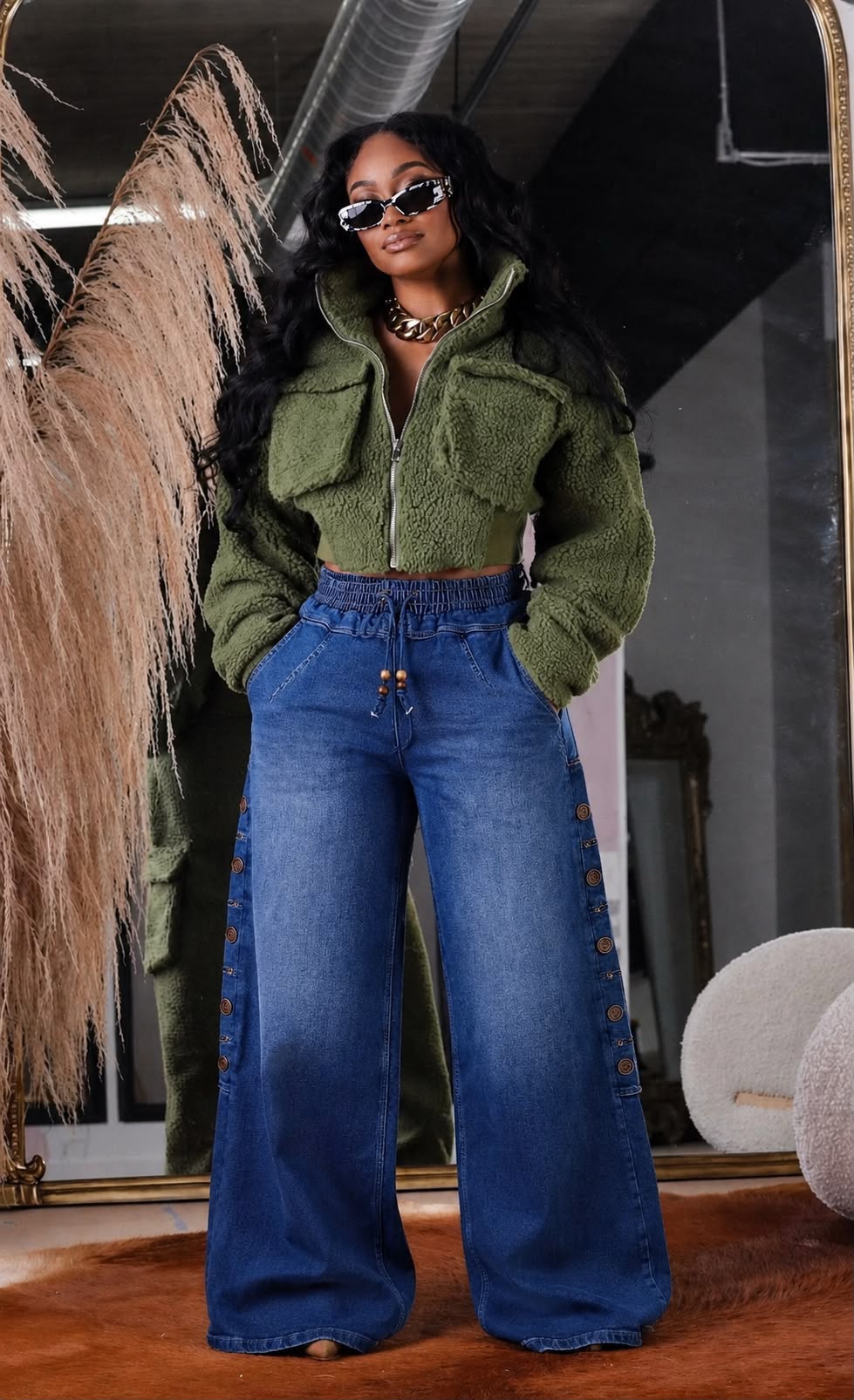 Women’s Wide Leg Denim Jeans – High Waist Elastic Drawstring Pants with Side Button Detail
