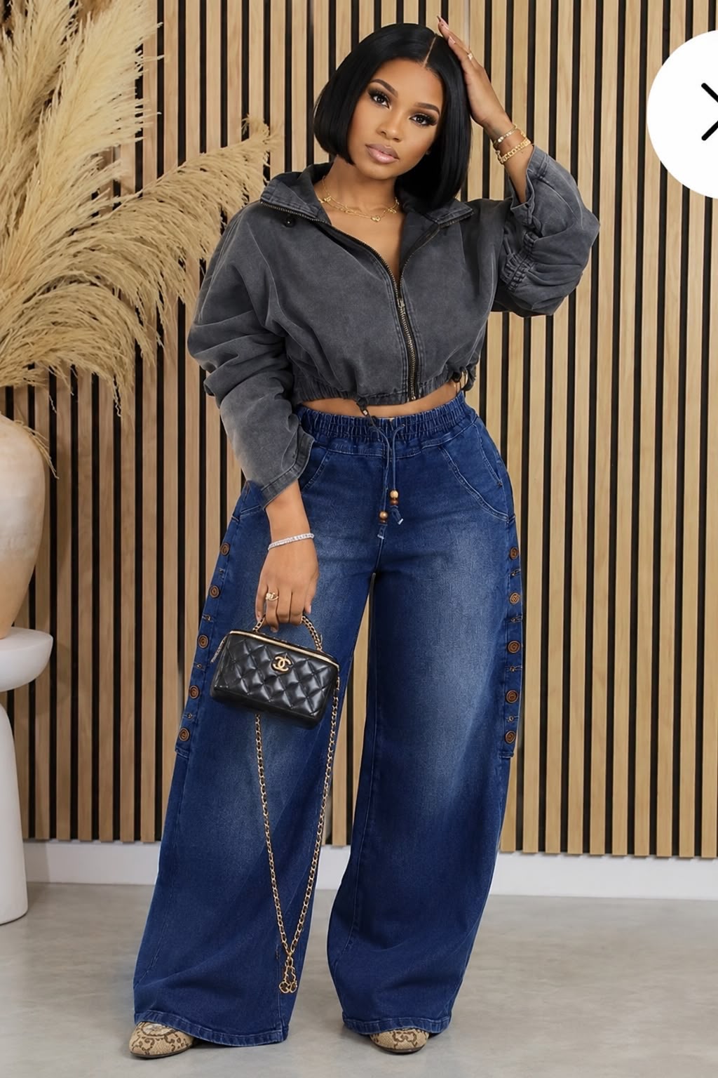 Women’s Wide Leg Denim Jeans – High Waist Elastic Drawstring Pants with Side Button Detail