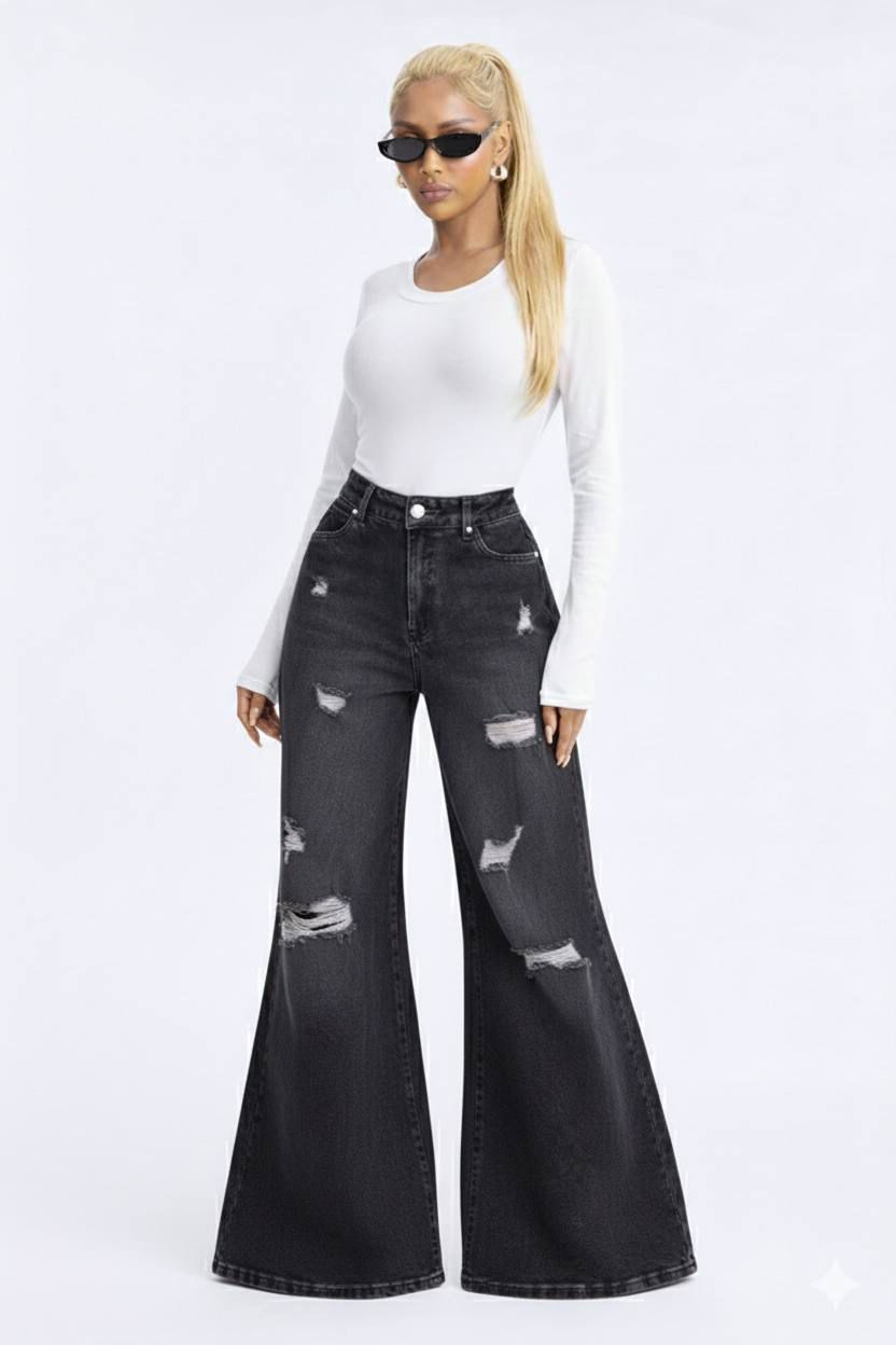 Women’s High-Waisted Wide-Leg Ripped Jeans – Stylish Distressed Denim Pants