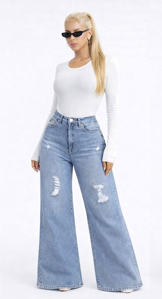 Women’s High-Waisted Wide-Leg Ripped Jeans – Stylish Distressed Denim Pants