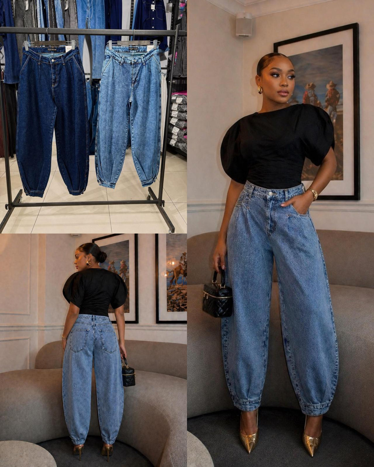Women’s Blue Wide-Leg Jeans with Polka Dot Belt – High-Waisted Casual Denim Pants