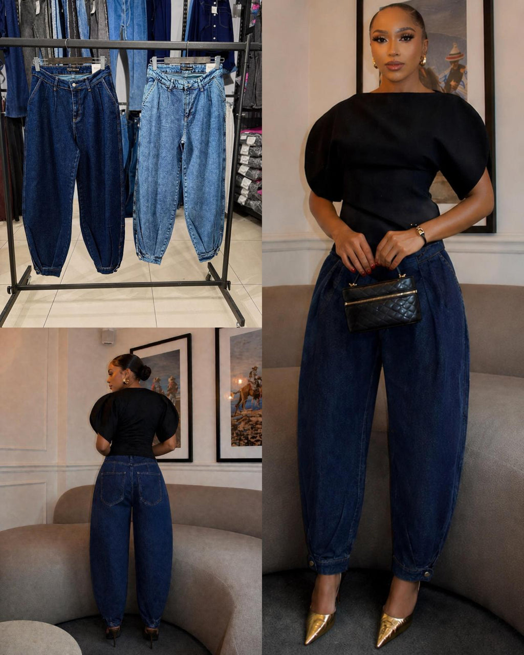 Women’s Blue Wide-Leg Jeans with Polka Dot Belt – High-Waisted Casual Denim Pants