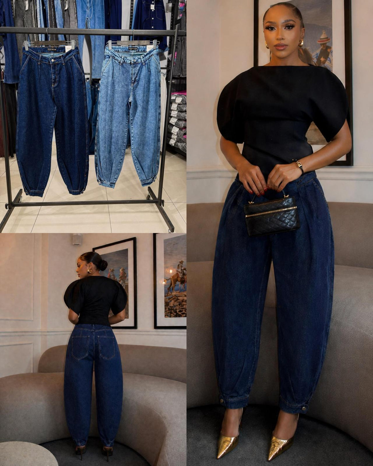 Women’s Blue Wide-Leg Jeans with Polka Dot Belt – High-Waisted Casual Denim Pants