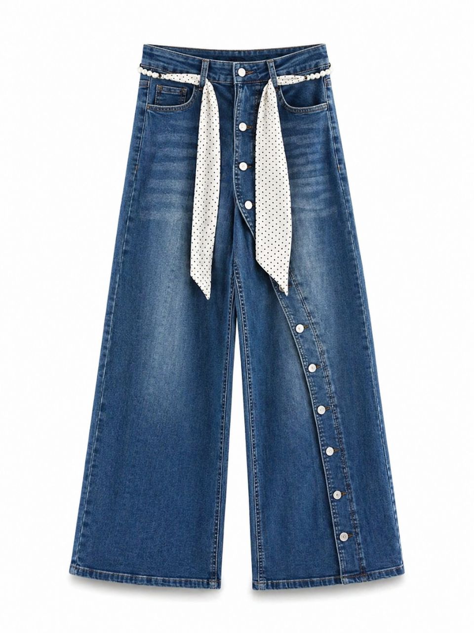Women’s Blue Wide-Leg Jeans with Polka Dot Belt – High-Waisted Casual Denim Pants