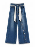 Women’s Blue Wide-Leg Jeans with Polka Dot Belt – High-Waisted Casual Denim Pants