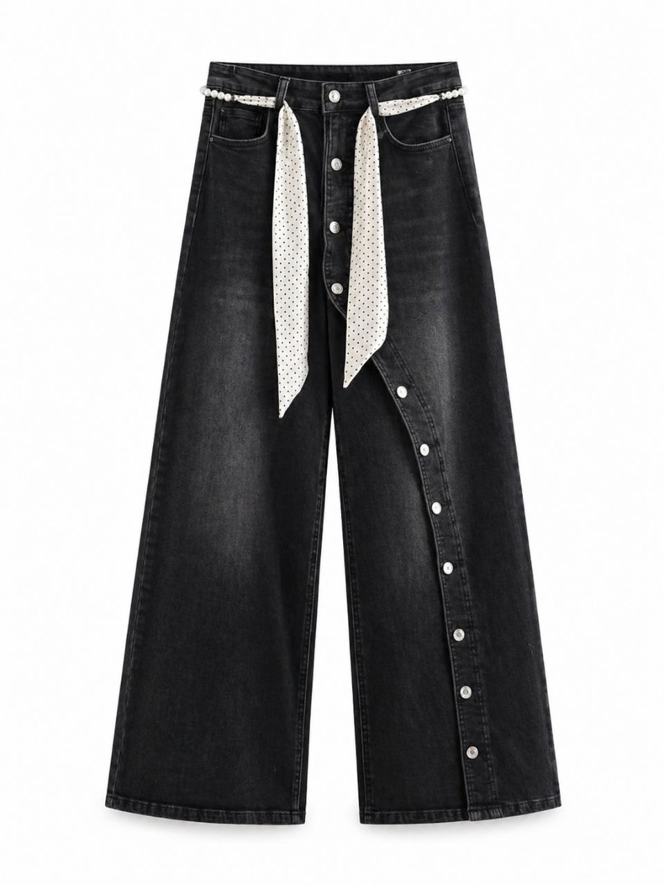 Women’s Blue Wide-Leg Jeans with Polka Dot Belt – High-Waisted Casual Denim Pants