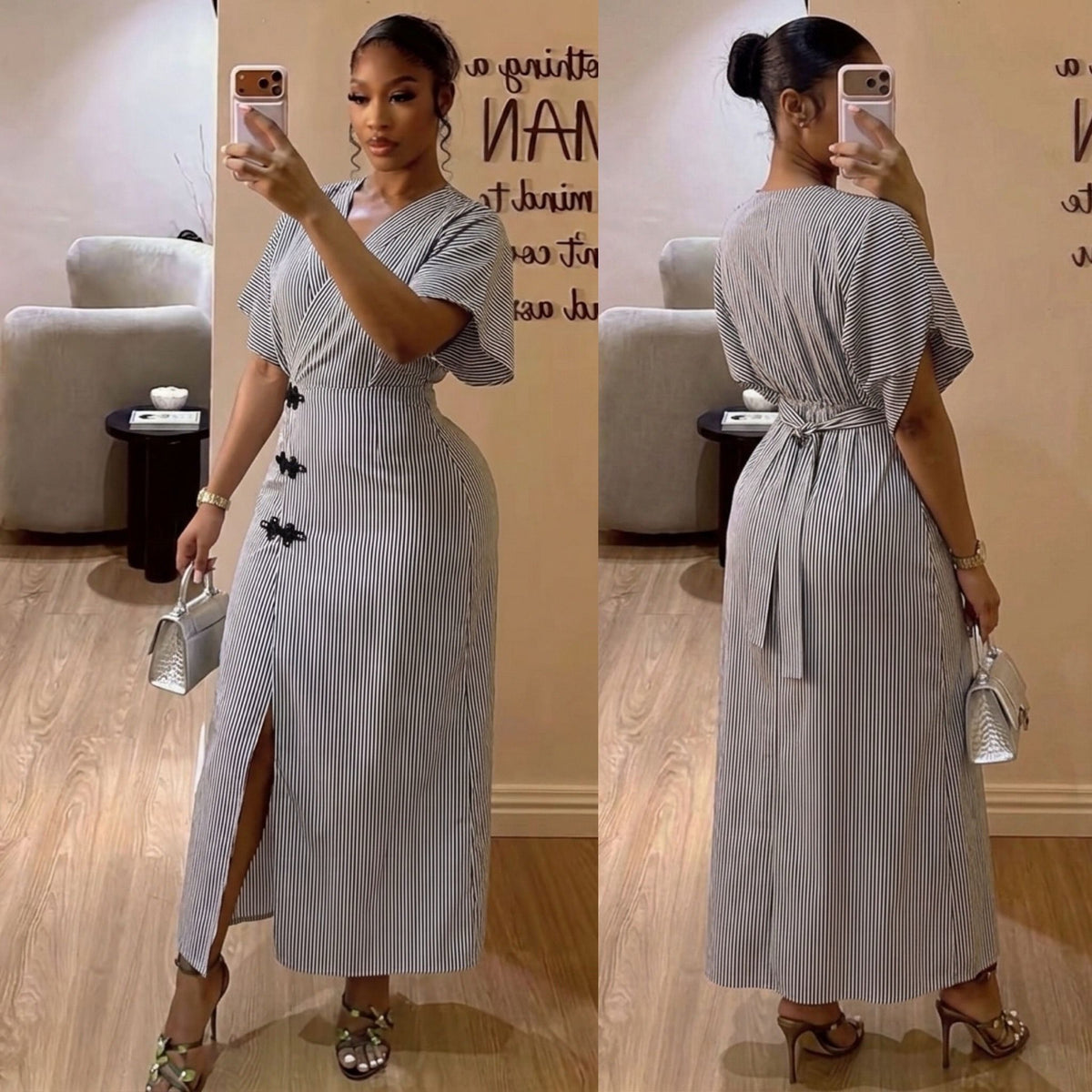 Chic Vertical Stripe Maxi Dress with Flutter Sleeves and Side Slit