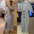 Chic Vertical Stripe Maxi Dress with Flutter Sleeves and Side Slit