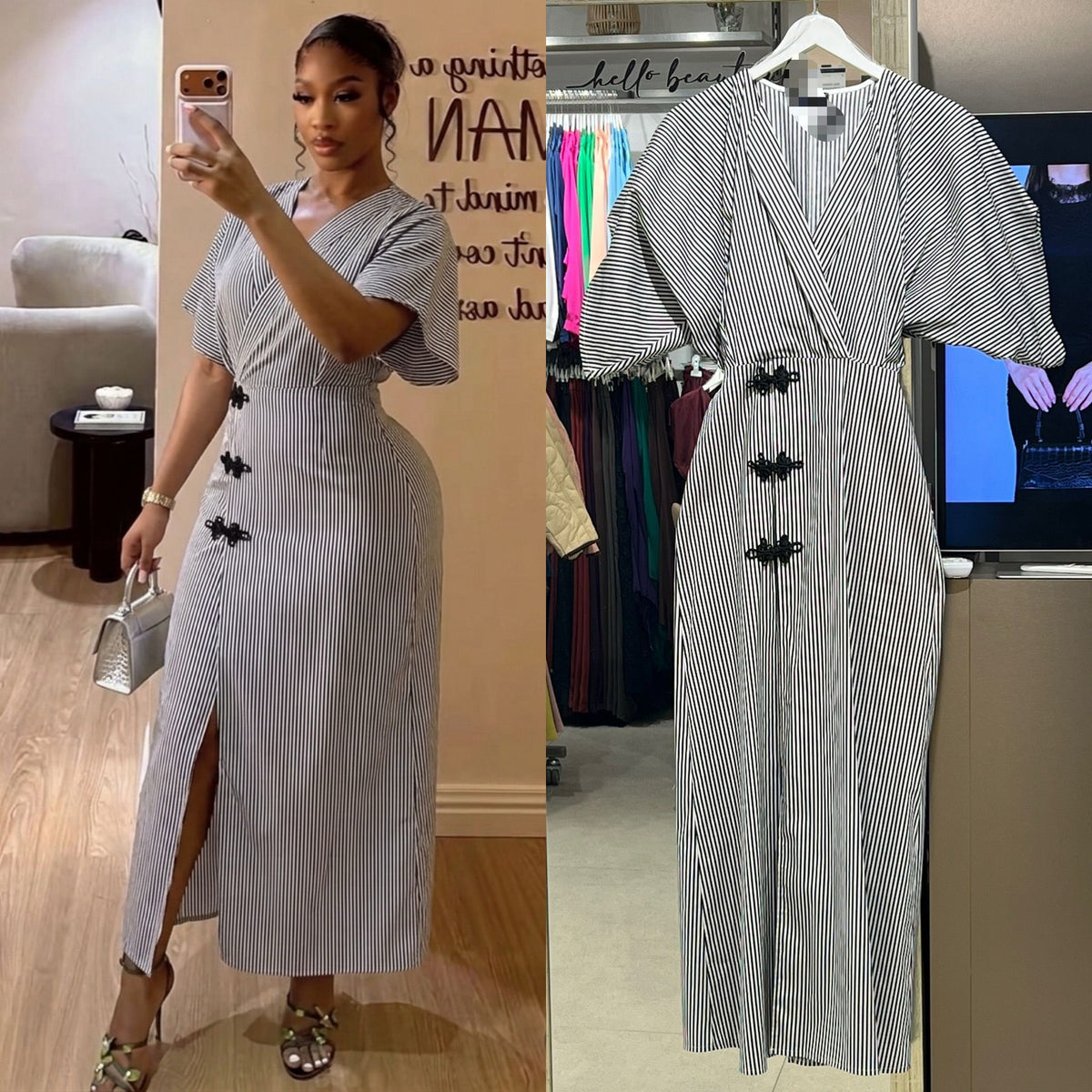 Chic Vertical Stripe Maxi Dress with Flutter Sleeves and Side Slit