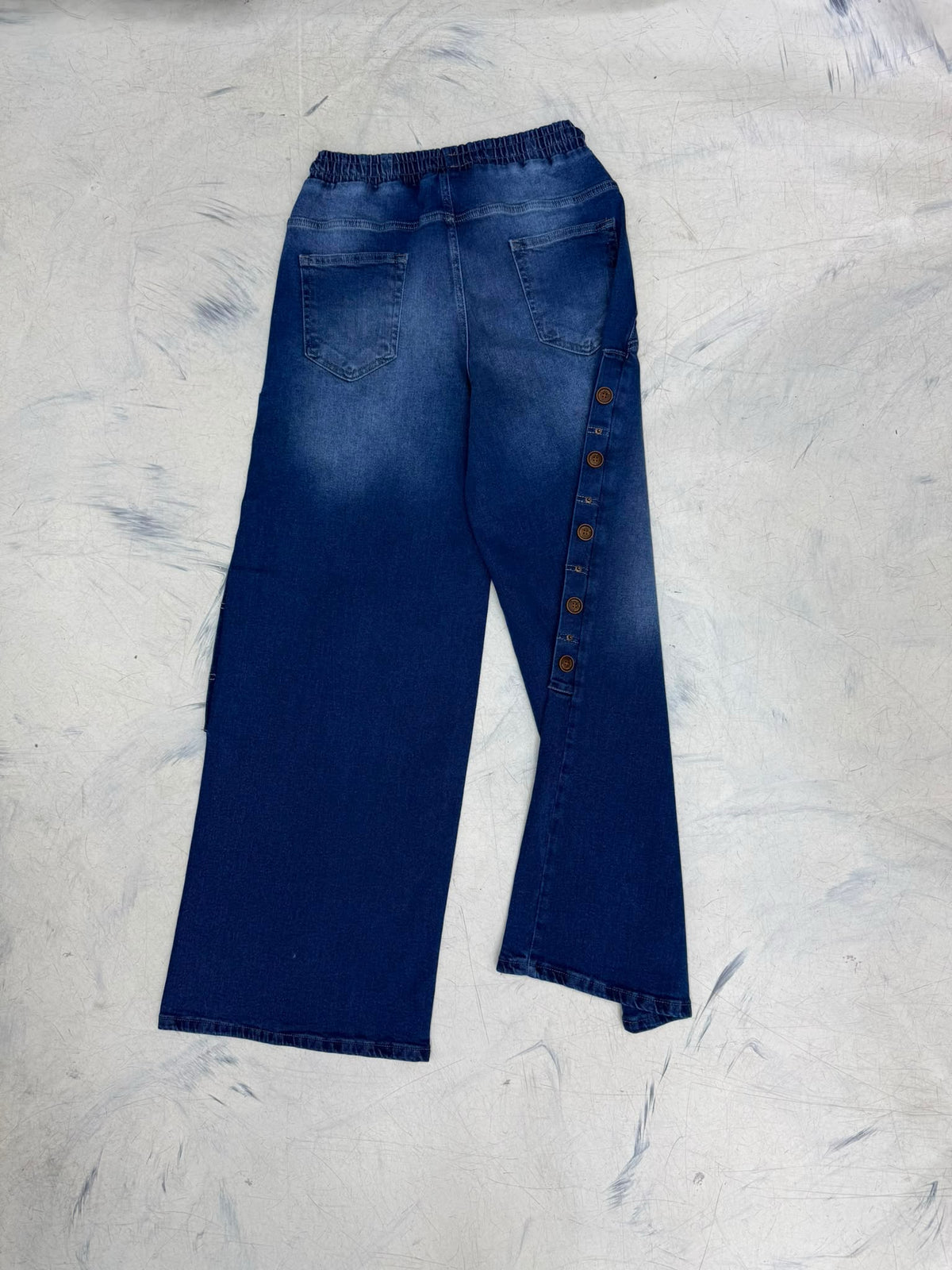 Women’s Wide Leg Denim Jeans – High Waist Elastic Drawstring Pants with Side Button Detail