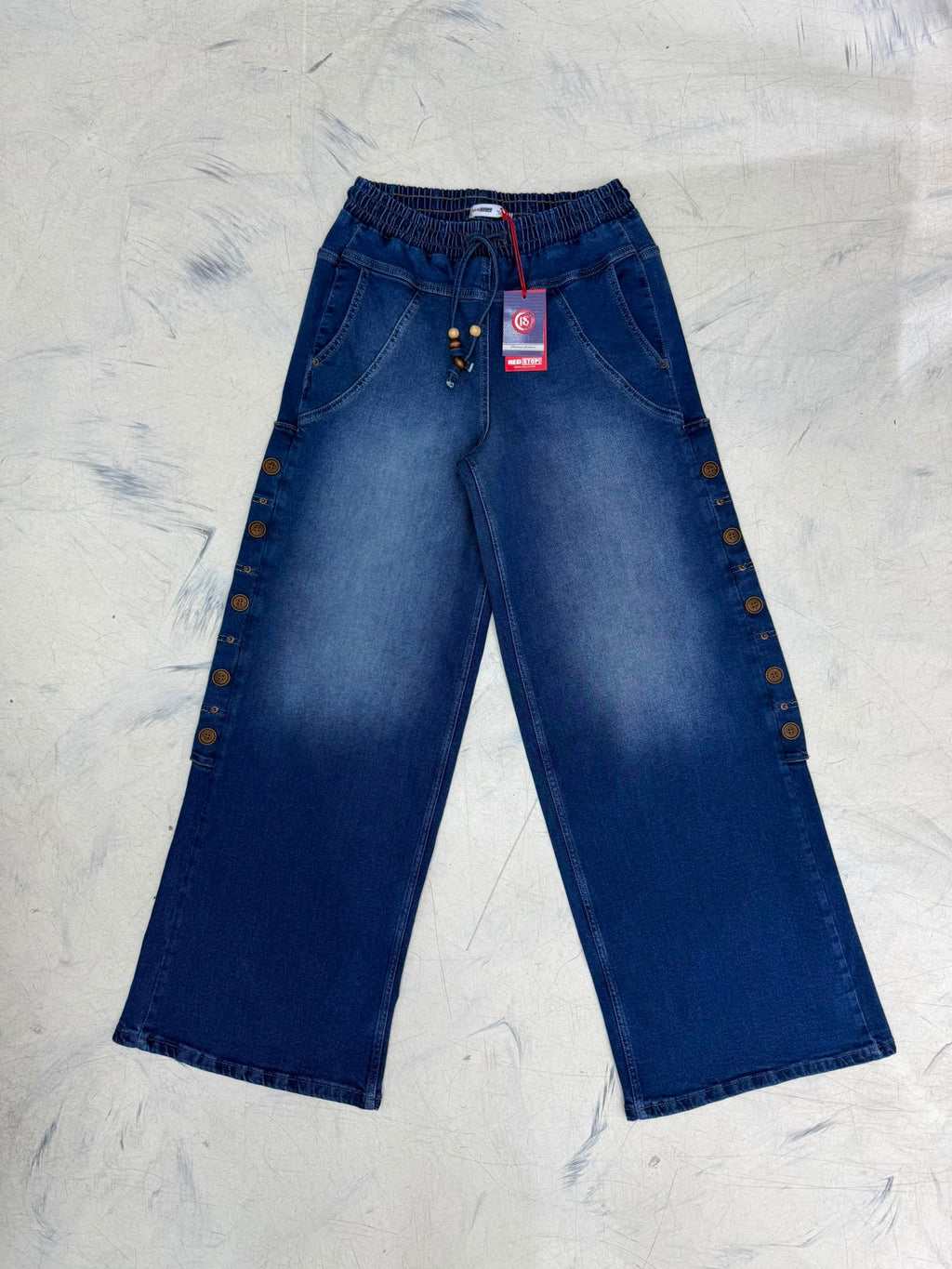 Women’s Wide Leg Denim Jeans – High Waist Elastic Drawstring Pants with Side Button Detail