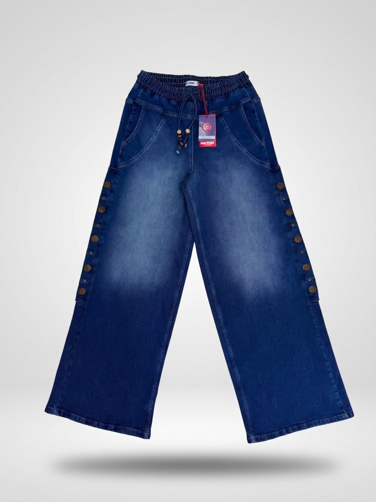 Women’s Wide Leg Denim Jeans – High Waist Elastic Drawstring Pants with Side Button Detail