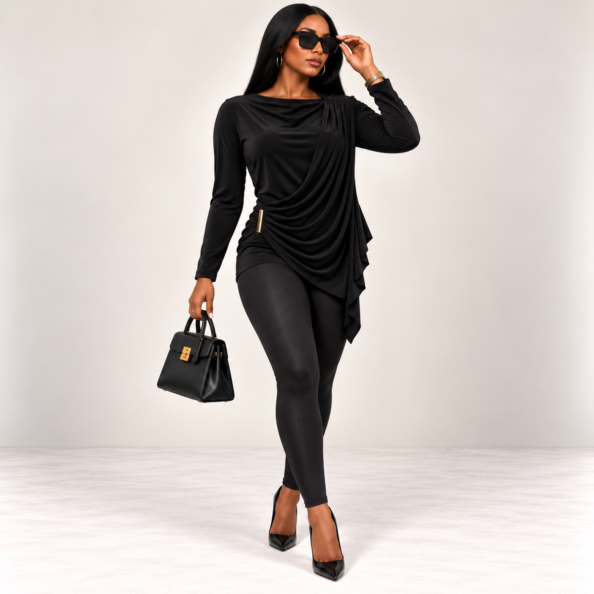 Draped Cowl-Neck Long-Sleeve Blouse