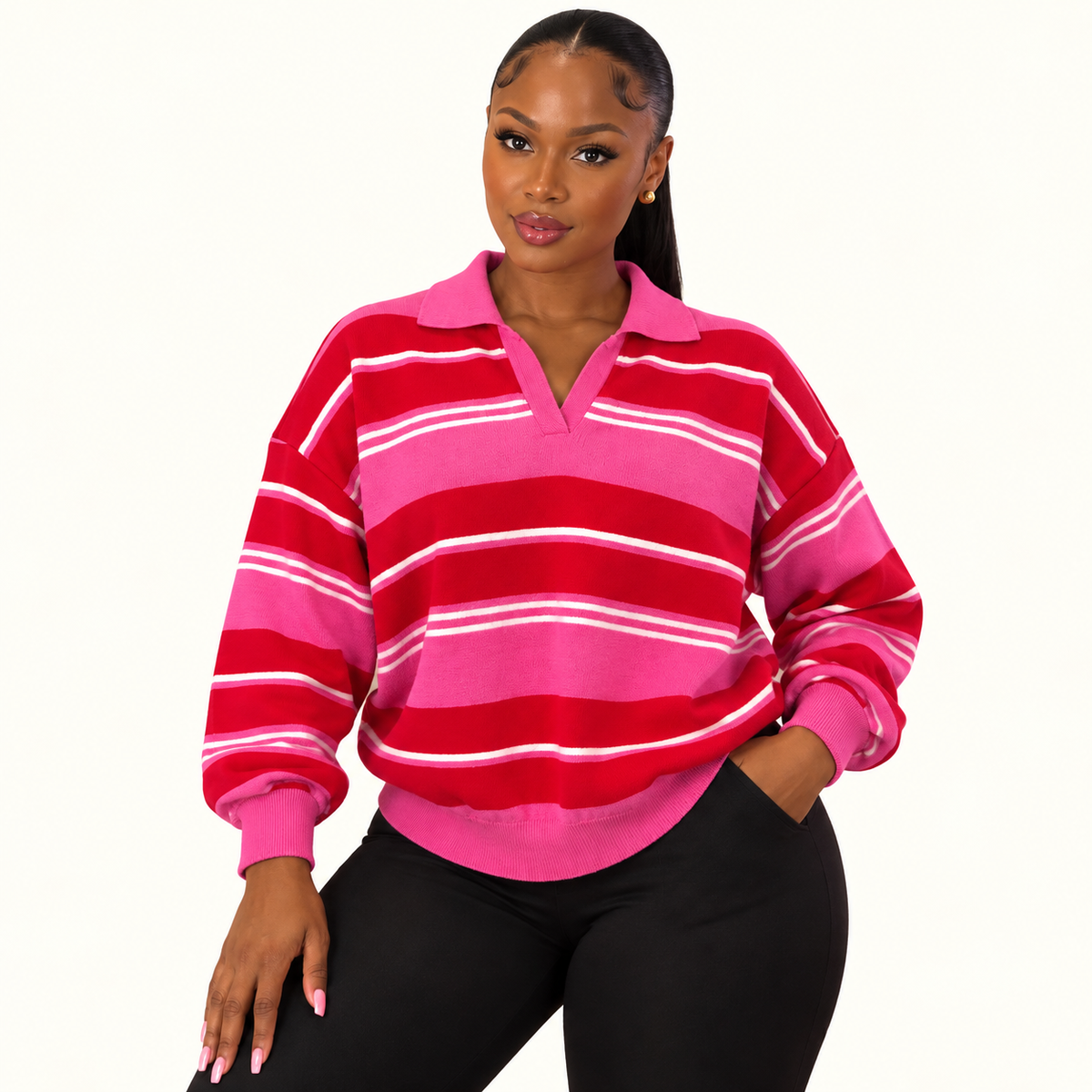 Pink & Red Striped Collared Knit Pullover Sweater