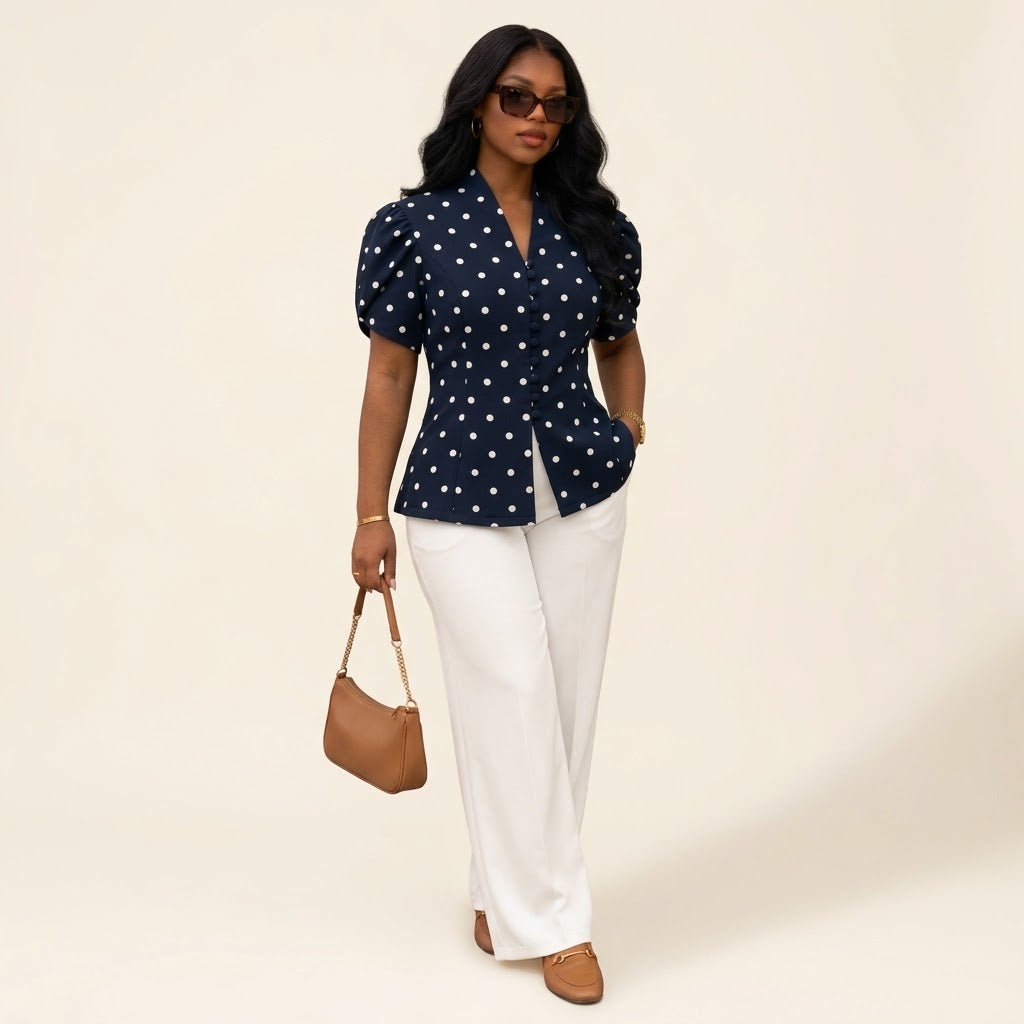 Polka Dot Puff-Sleeve 2-Piece Co-Ord Set