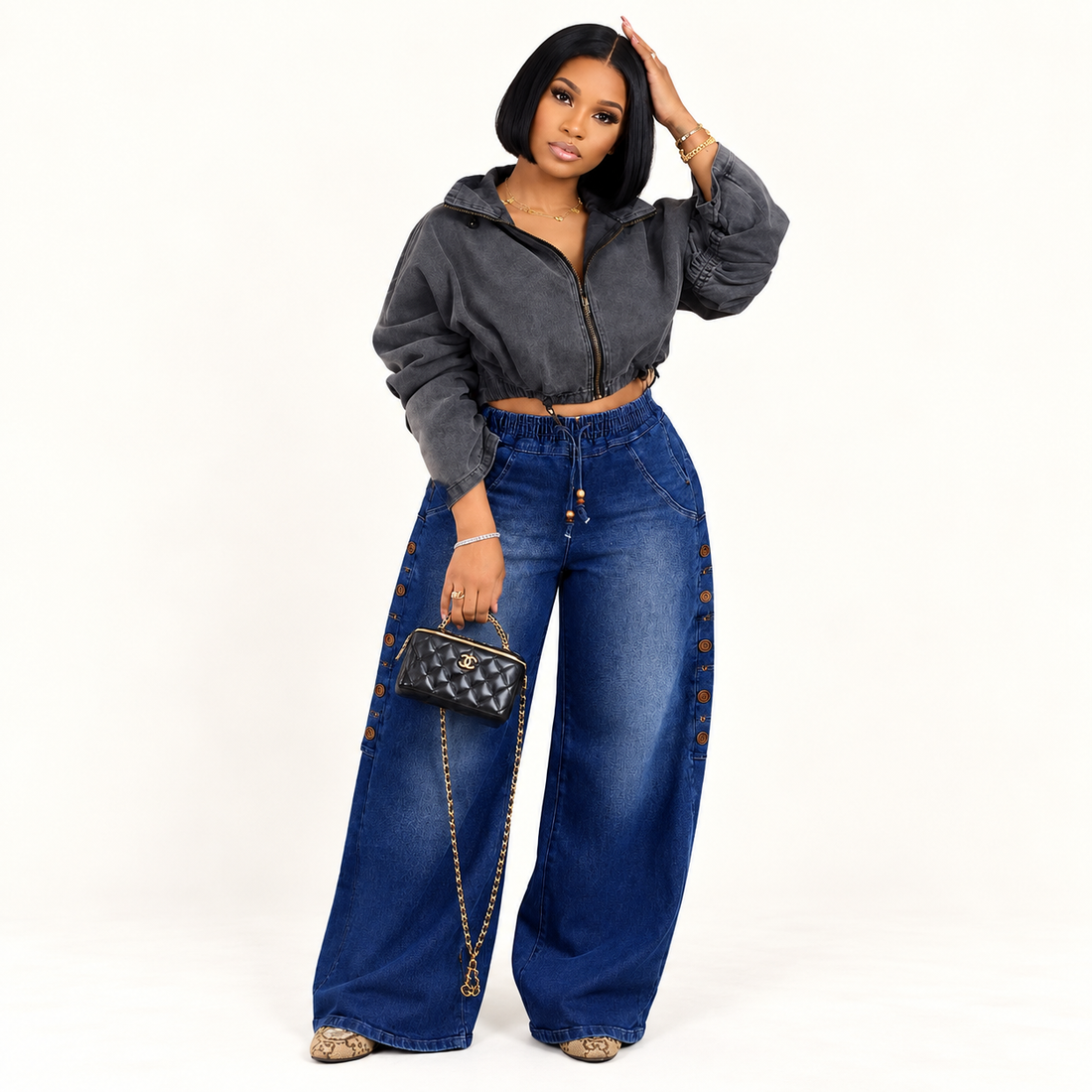 High-Waisted Wide-Leg Jeans with Button-Side Detail