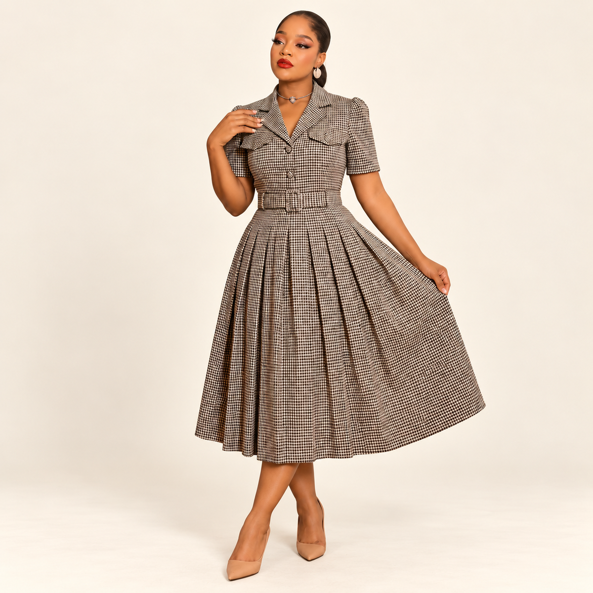 Vintage Houndstooth Belted Fit & Flare Dress