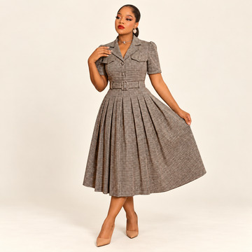 Vintage Houndstooth Belted Fit & Flare Dress