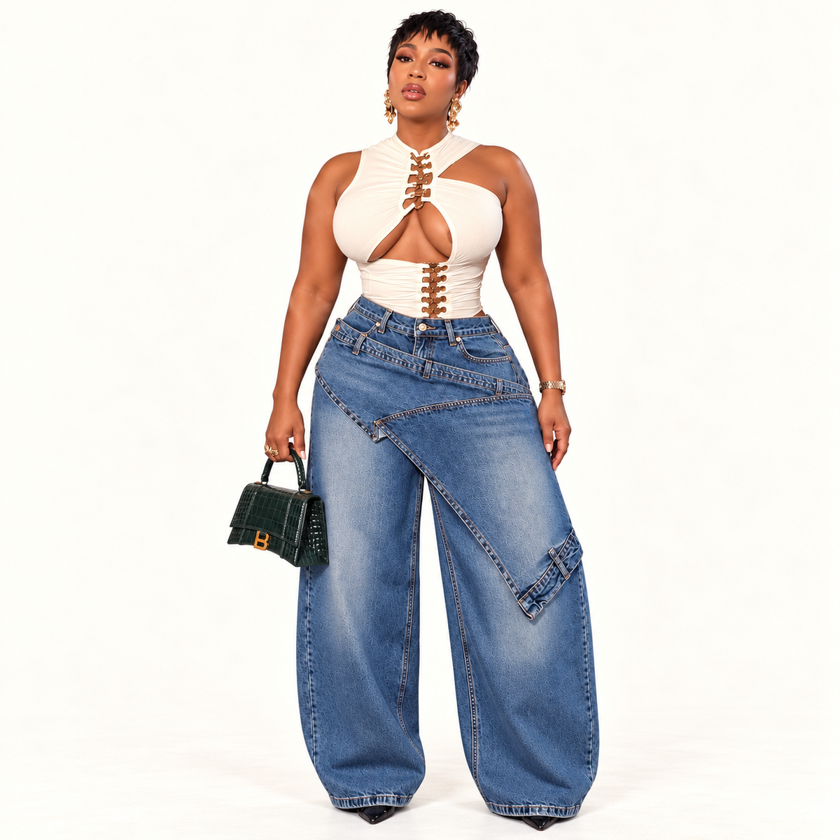Overlay Wide-Leg Denim Jeans