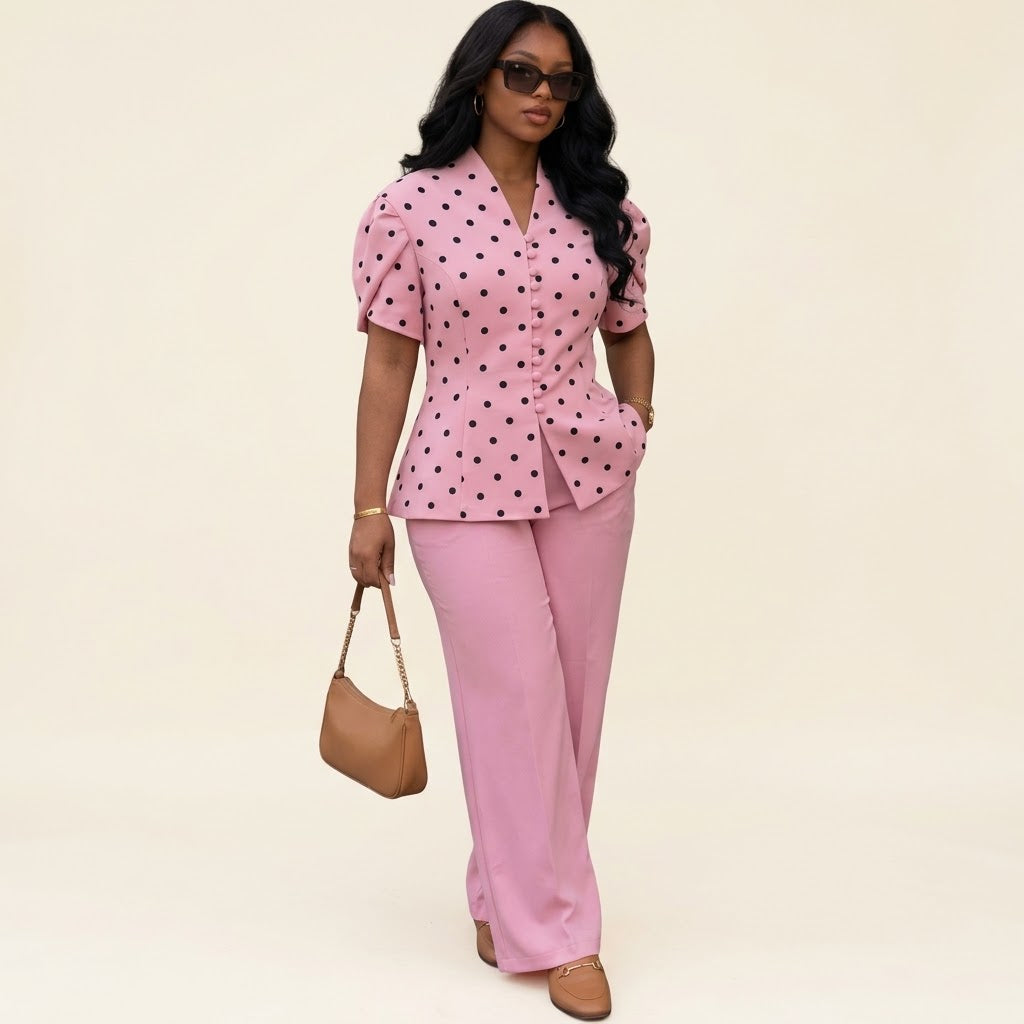Polka Dot Puff-Sleeve 2-Piece Co-Ord Set